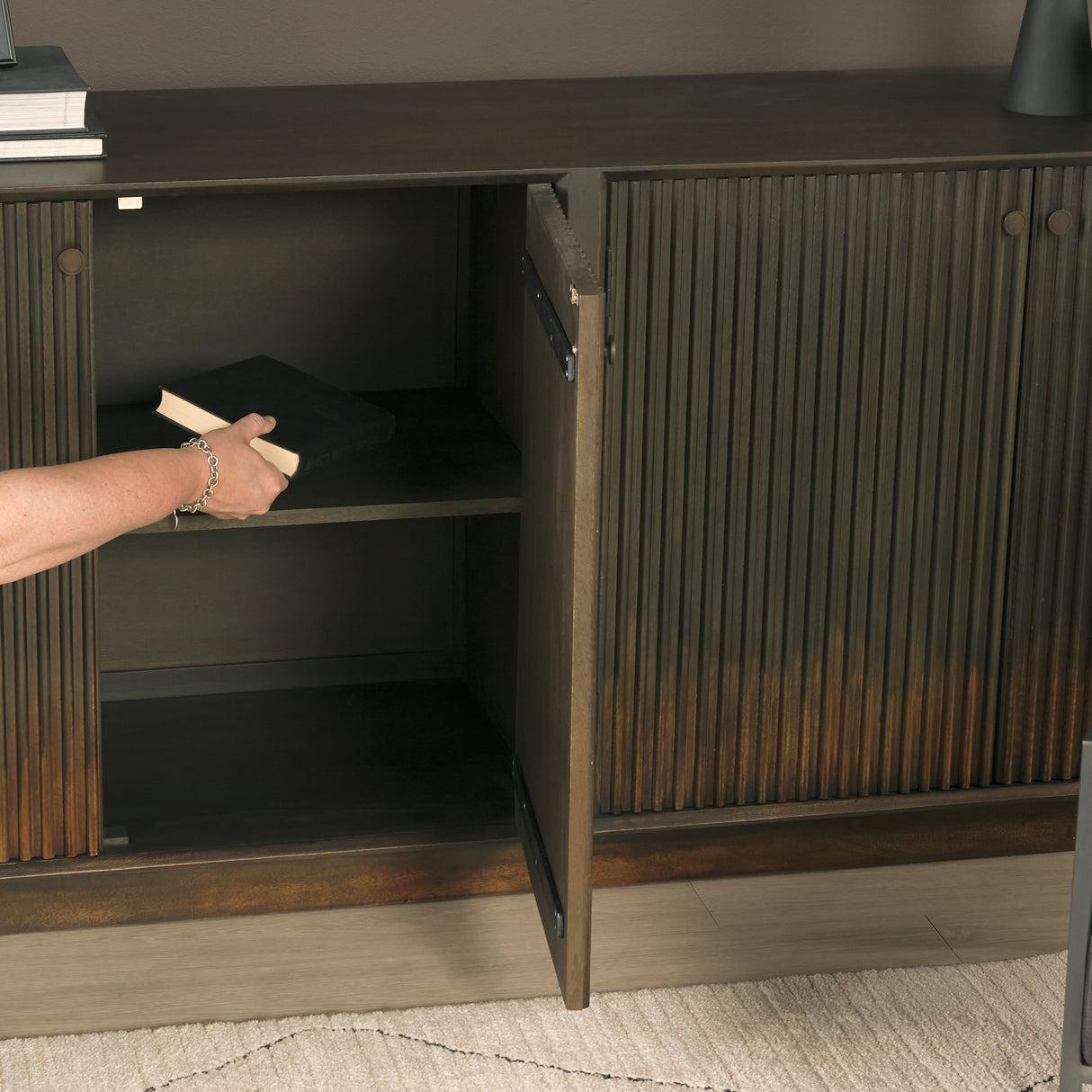Cinder Distressed Dark Brown Wood Reeded 4-Door Closed Sideboard from Mercana - Luna Furniture