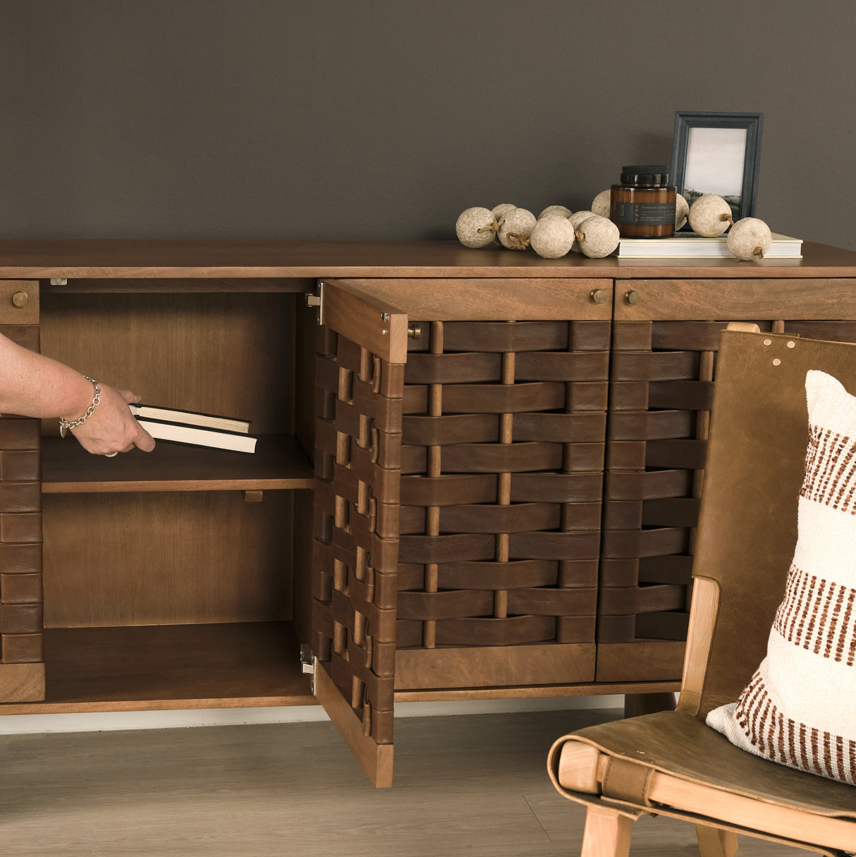 Wexlan Solid Wood w/ Leather Weave 4 Door Closed Sideboard from Mercana - Luna Furniture