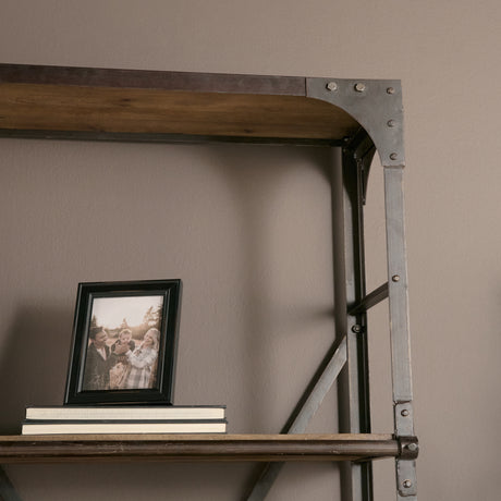 Brodie VII 32L x 22W x 94H Brown Wood Gun-Metal Bracing Four Shelf Shelving Unit from Mercana - Luna Furniture