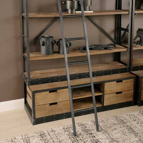 Brodie VIII 57L x 20.5W x 94H Brown Wood Gun-Metal Ladder Four Shelf Shelving Unit from Mercana - Luna Furniture