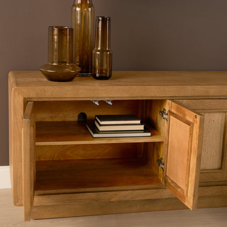 Valterra Light Brown Wood w/ Travertine 6 Door Media Console from Mercana - Luna Furniture