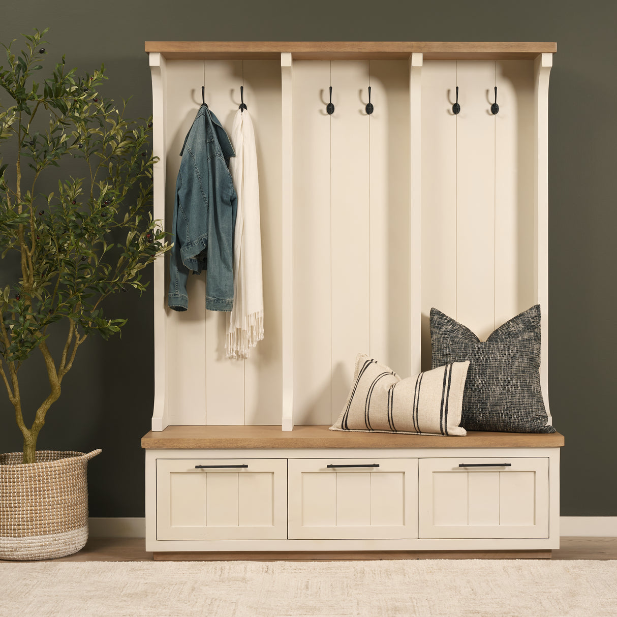 Fairview IV 61L x 17W White And Brown Wood With Storage Hall Tree from Mercana - Luna Furniture