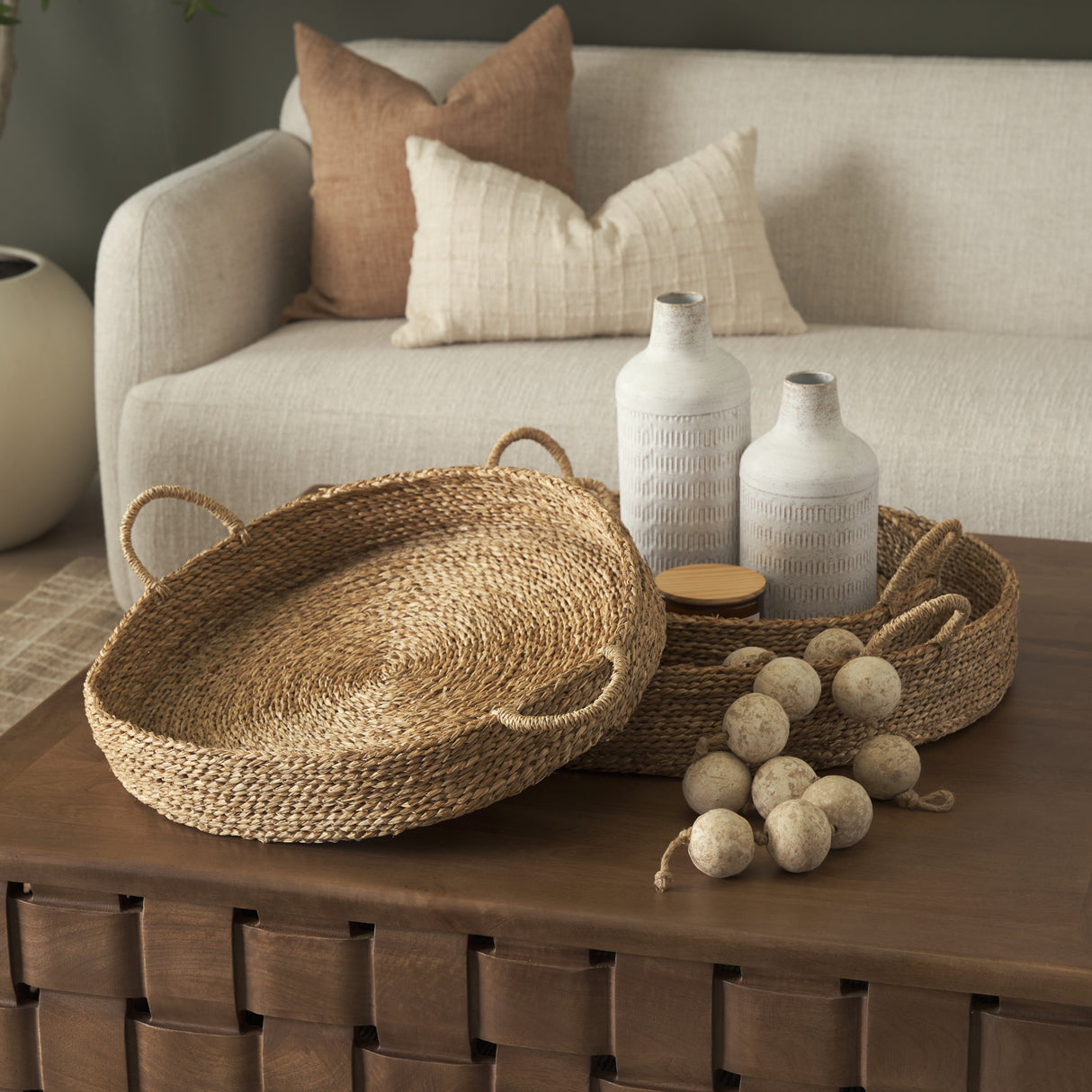 Ulana Set of 3 Round Nesting Seagrass Trays w/ Loop Handles from Mercana - Luna Furniture