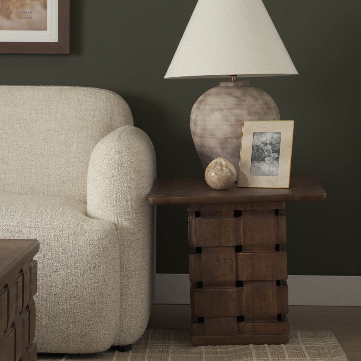 Trellyn Dark Brown Wood w/ Carved Woven Base Square Accent Table from Mercana - Luna Furniture