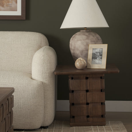 Trellyn Dark Brown Wood w/ Carved Woven Base Square Accent Table from Mercana - Luna Furniture