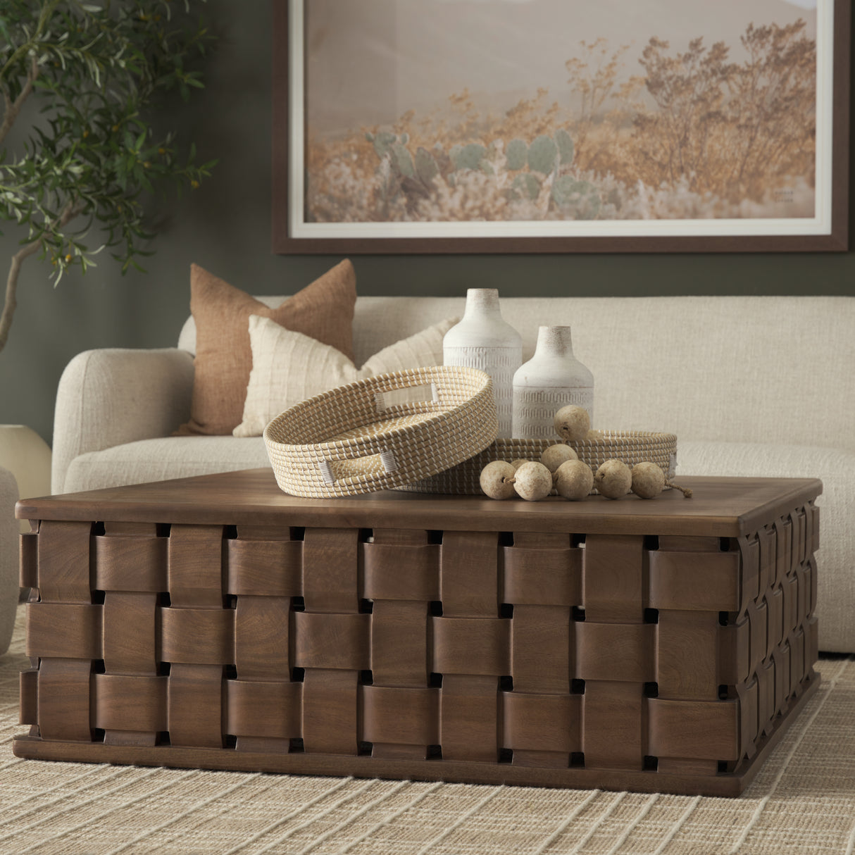 Trellyn 48" Dark Brown Wood w/ Carved Woven Base Square Coffee Table