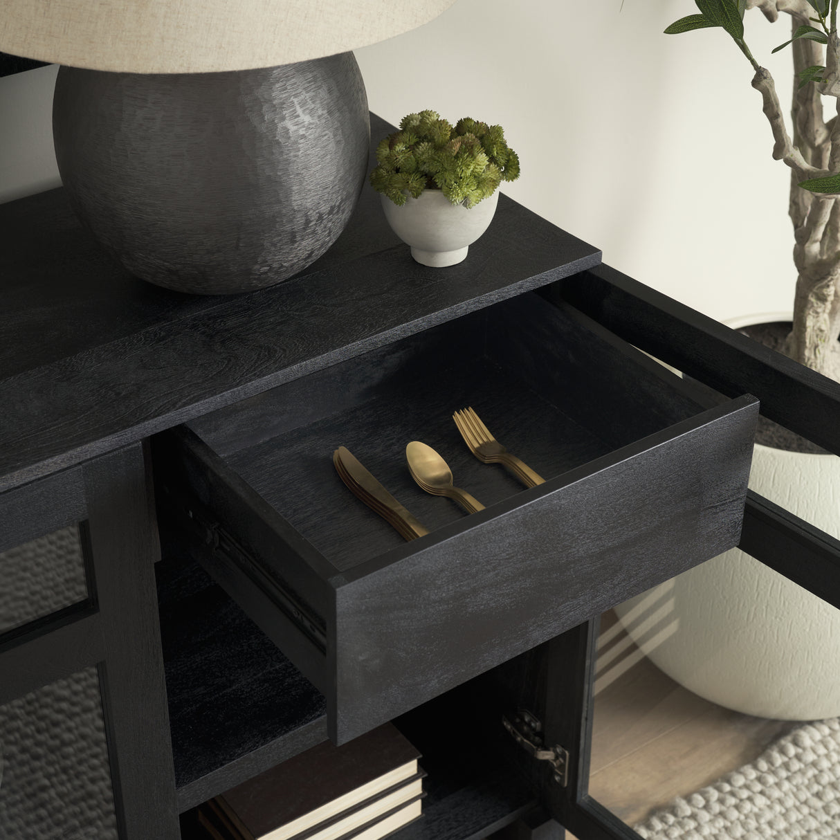 Suri Black Wood w/ Glass 4-Door Closed Sideboard from Mercana - Luna Furniture