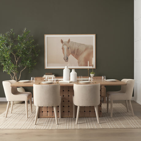 Trellyn 94" Light Brown Solid Wood Carved Woven Base Rectangular Dining Table from Mercana - Luna Furniture