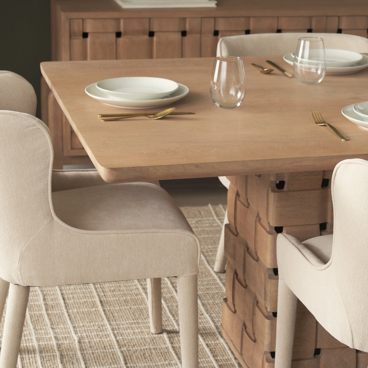Trellyn 94" Light Brown Solid Wood Carved Woven Base Rectangular Dining Table from Mercana - Luna Furniture