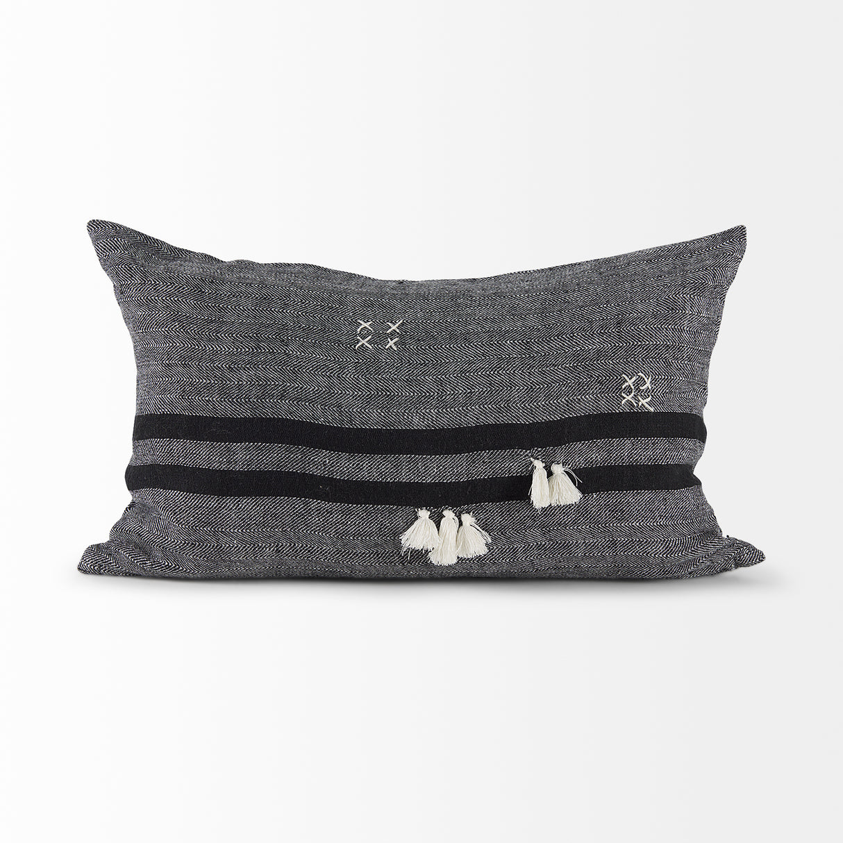 Sibyl 13x21 Black Fabric Striped and White Fringed Pillow Cover w/Down Filler, Set of 2 from Mercana - Luna Furniture