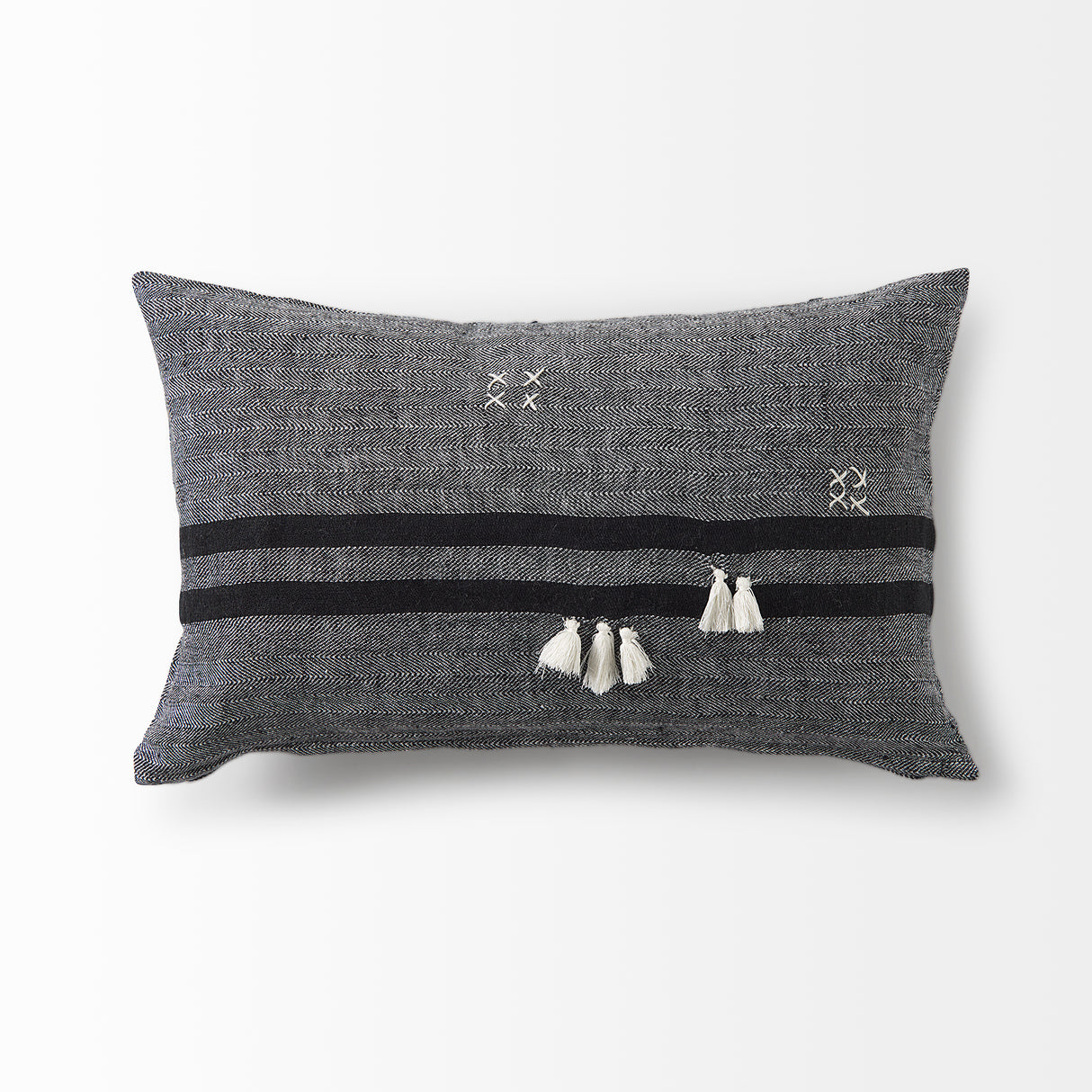 Sibyl 13x21 Black Fabric Striped and White Fringed Pillow Cover w/Down Filler, Set of 2 from Mercana - Luna Furniture