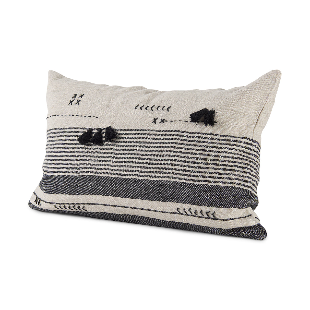 Thalia 13x21 Black and Beige Fabric Striped w/Fringe Pillow Cover w/Down Filler, Set of 2 from Mercana - Luna Furniture