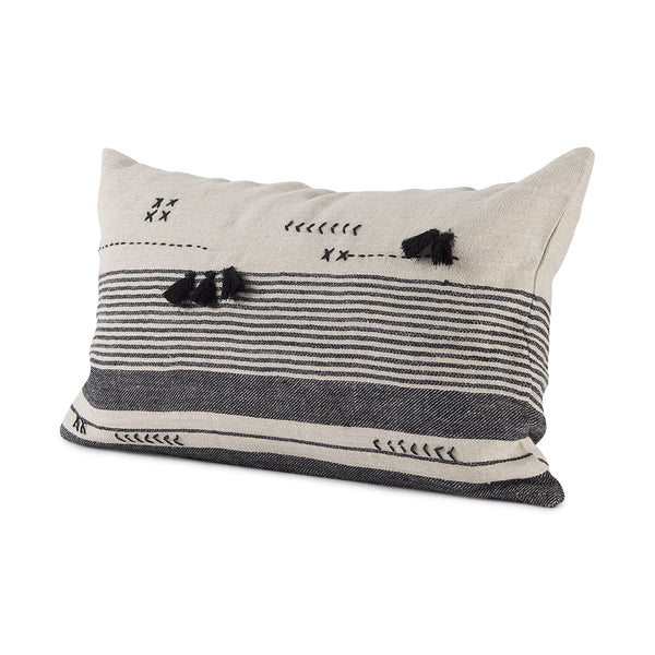 Thalia 13x21 Black and Beige Fabric Striped w/Fringe Pillow Cover w/Down Filler, Set of 2