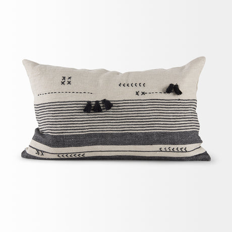 Thalia 13x21 Black and Beige Fabric Striped w/Fringe Pillow Cover w/Down Filler, Set of 2 from Mercana - Luna Furniture
