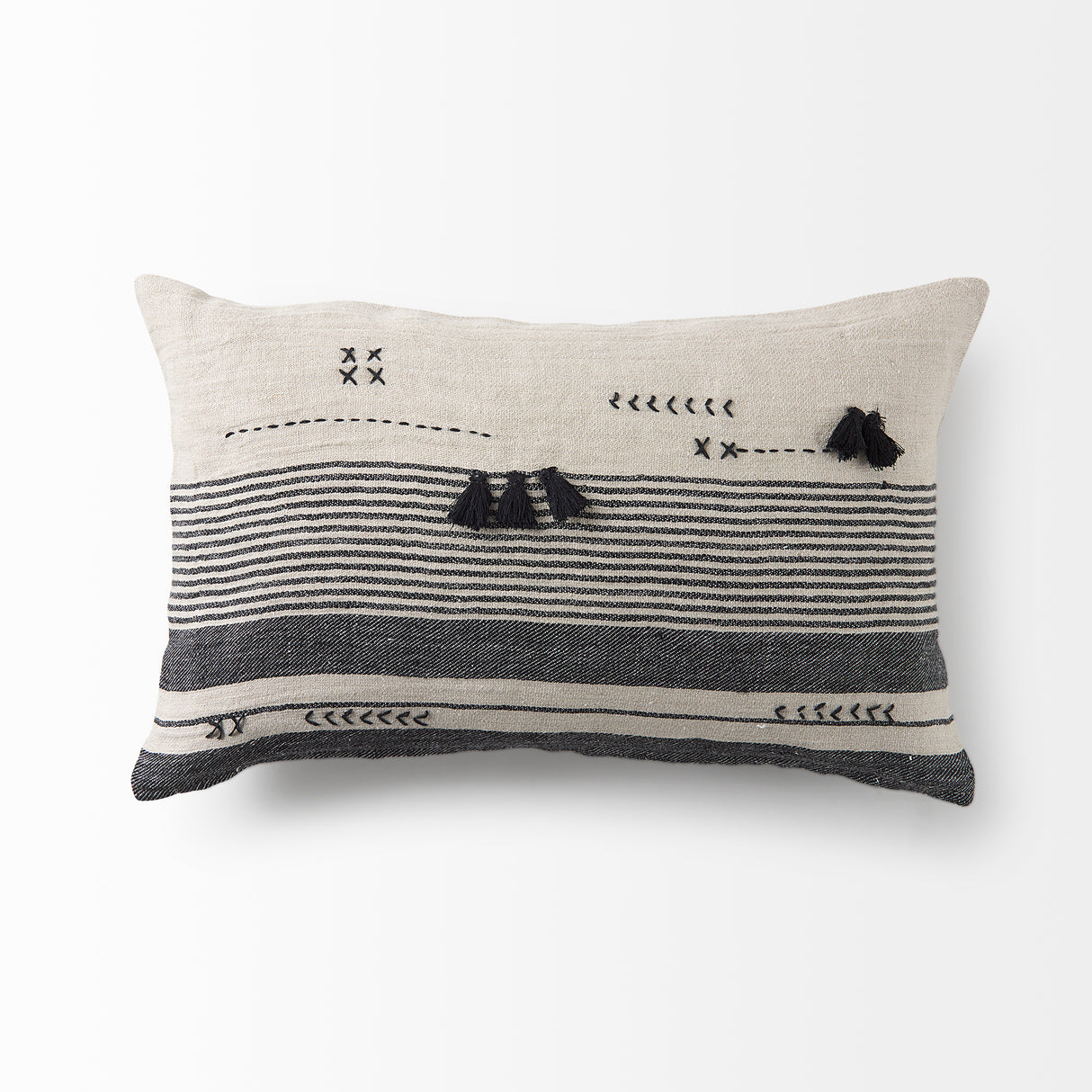 Thalia 13x21 Black and Beige Fabric Striped w/Fringe Pillow Cover w/Down Filler, Set of 2 from Mercana - Luna Furniture
