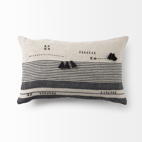 Thalia 13x21 Black and Beige Fabric Striped w/Fringe Pillow Cover w/Down Filler, Set of 2 from Mercana - Luna Furniture