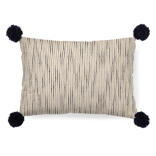Krystal 13x21 Cream/Blue Pom Pom Pillow Cover w/Down Filler, Set of 2