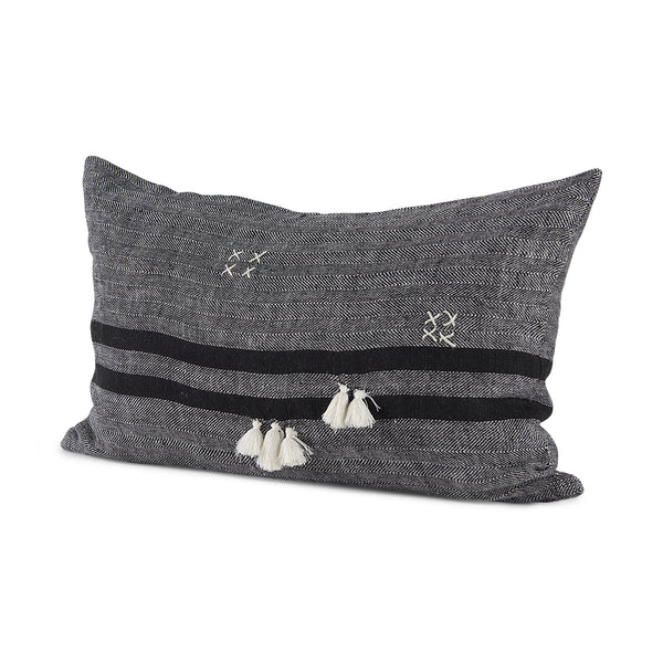 Sibyl 13x21 Black Fabric Striped and White Fringed Pillow Cover w/Non-Allergen Filler, Set of 2