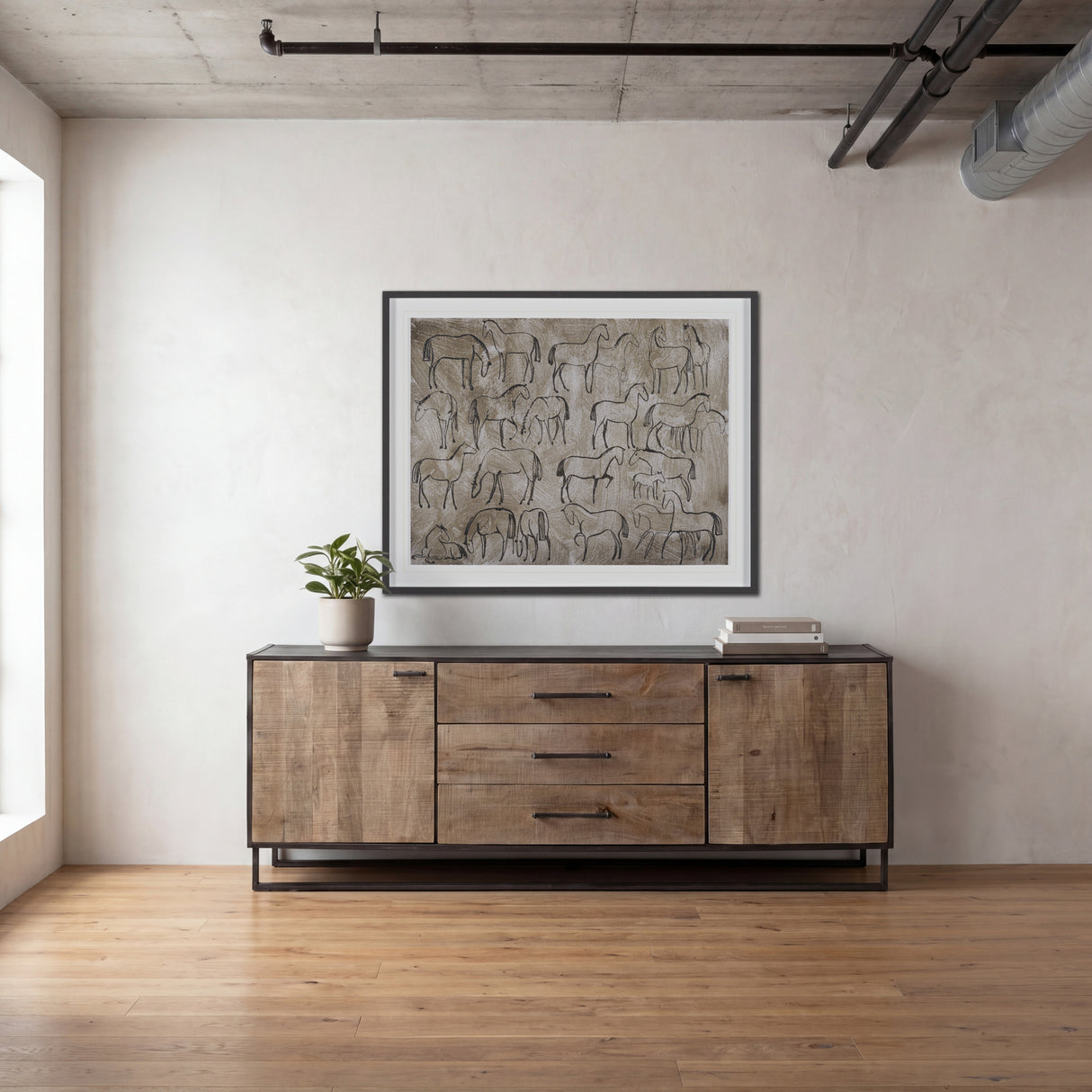 Alvin 82x20 Brown Solid Wood With Black Metal Frame 3 Drawer 2 Cabinet Door Sideboard from Mercana - Luna Furniture
