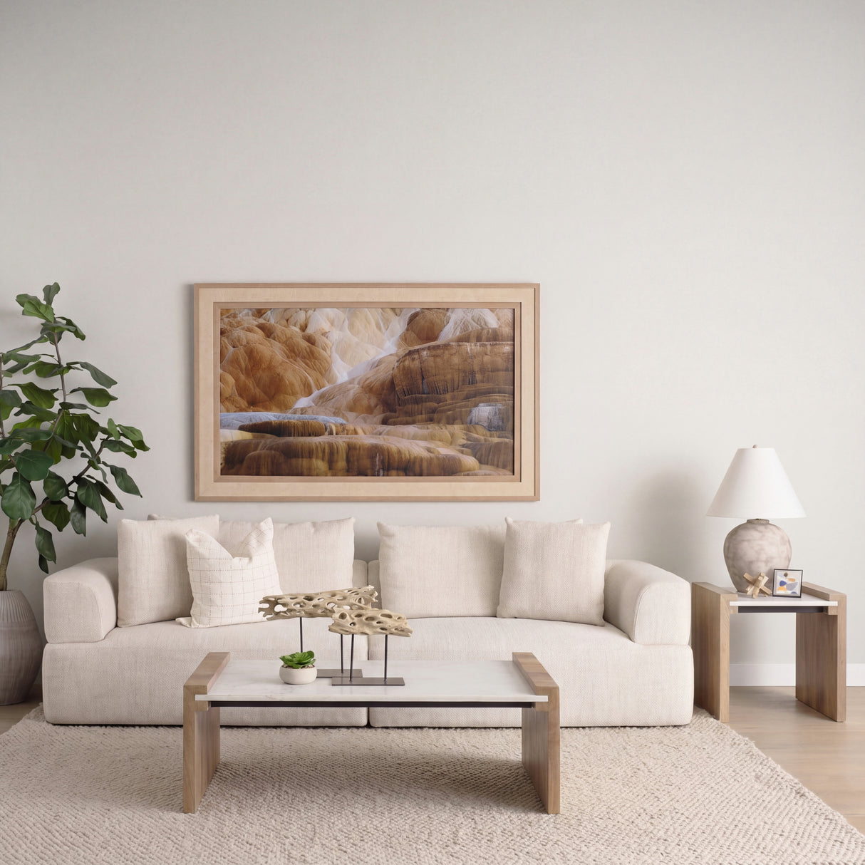 Athens 48.0L x 28.0W x 16.0H Light Brown Wood and White Marble Coffee Table from Mercana - Luna Furniture