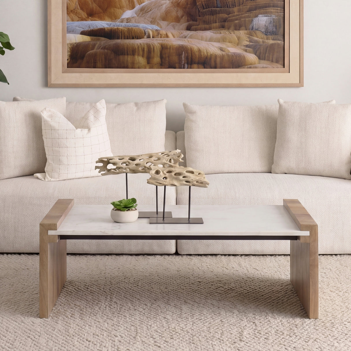 Athens 48.0L x 28.0W x 16.0H Light Brown Wood and White Marble Coffee Table from Mercana - Luna Furniture