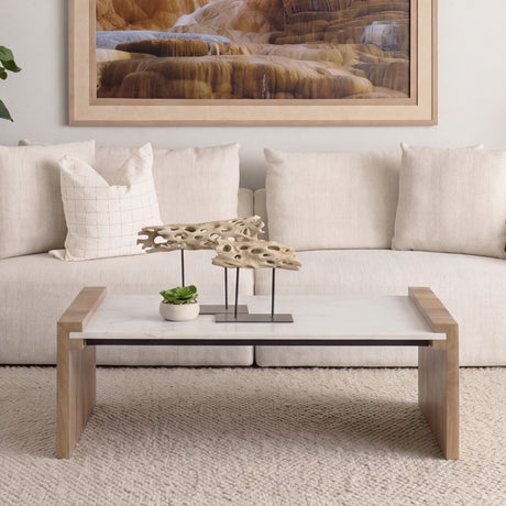 Athens 48.0L x 28.0W x 16.0H Light Brown Wood and White Marble Coffee Table from Mercana - Luna Furniture