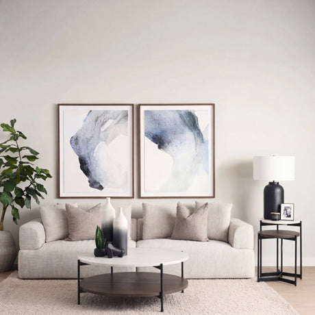Larkin 42" Round Two-Tier White Marble Top and Solid Wood Shelf w/ Black Metal Frame Coffee Table from Mercana - Luna Furniture