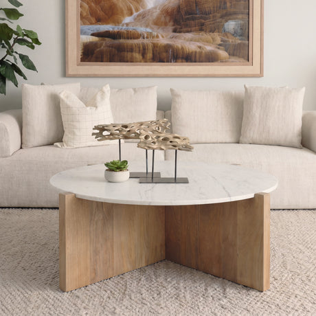 Bianca Light Brown Wood w/ Round Marble Top Coffee Table from Mercana - Luna Furniture