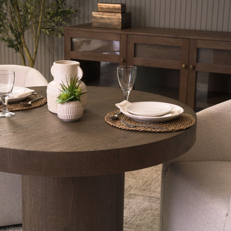 Lyonne 42" Round Medium Brown Oak Wood Pedestal Dining Table from Mercana - Luna Furniture