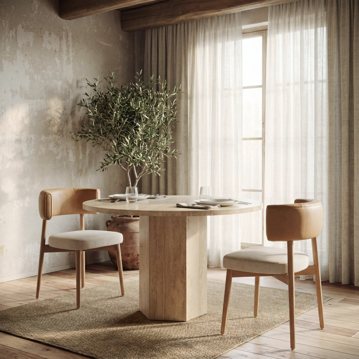 Motley Curved Open Back Cream Fabric and Tan Leather Dining Chair, Set of 2 from Mercana - Luna Furniture