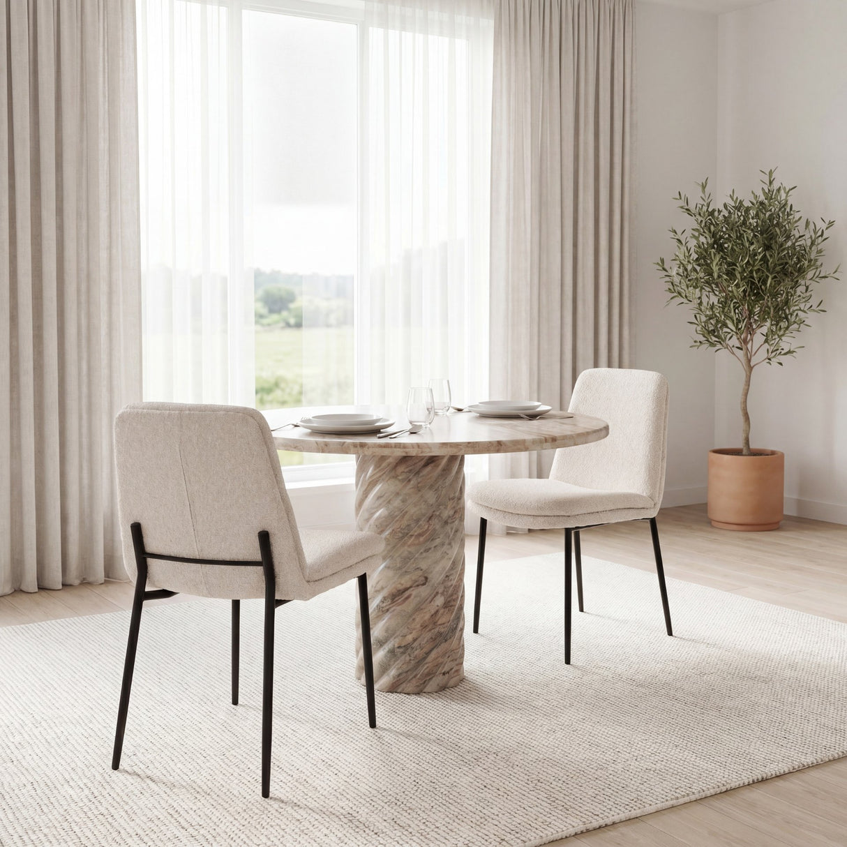 Eve Dining Chair w/ Cream Boucle Fabric & Matte Black Metal, Set of 2 from Mercana - Luna Furniture
