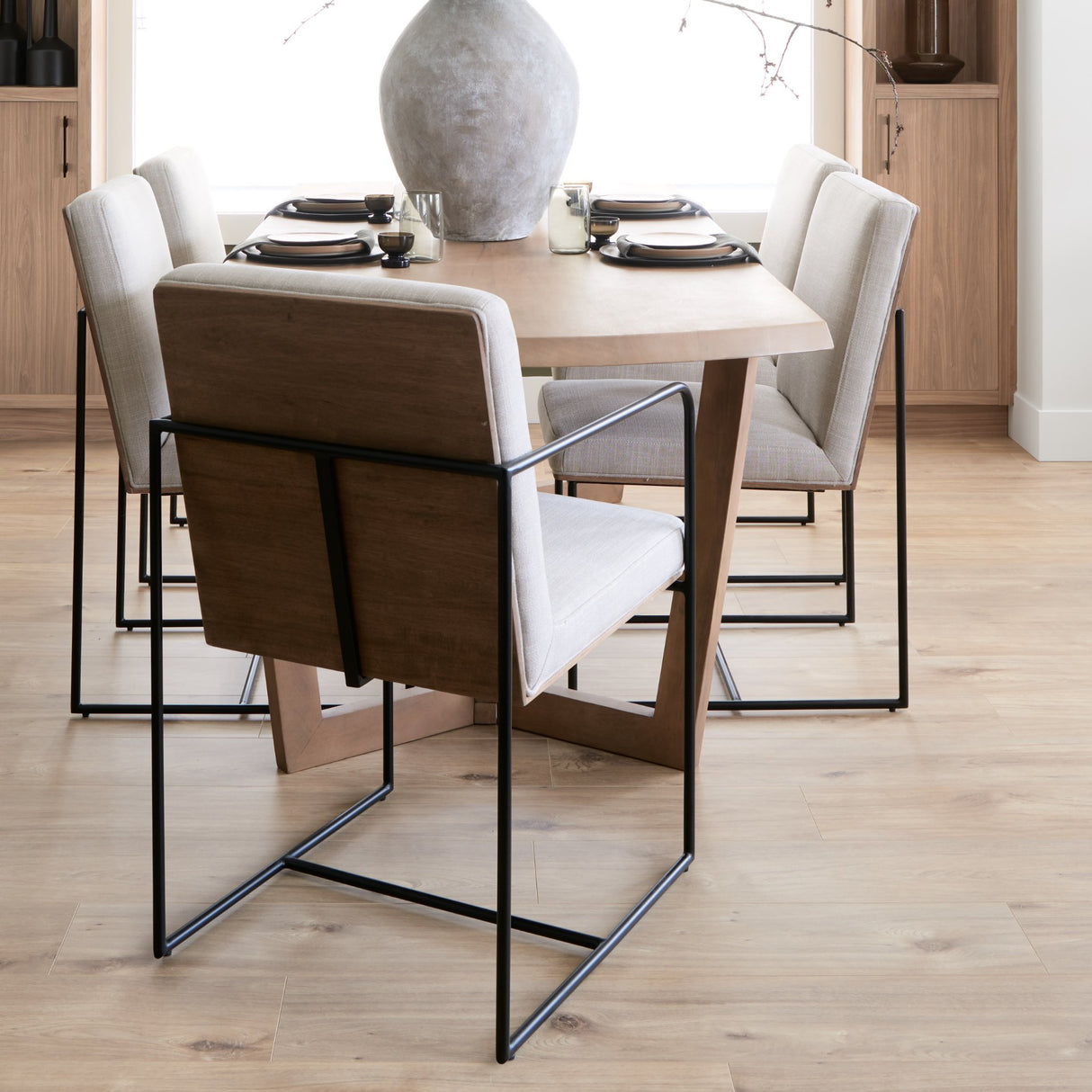 Stamford Beige Upholstered Seat w/ Wood Back, Black Metal Frame Dining Chair w/ Arms