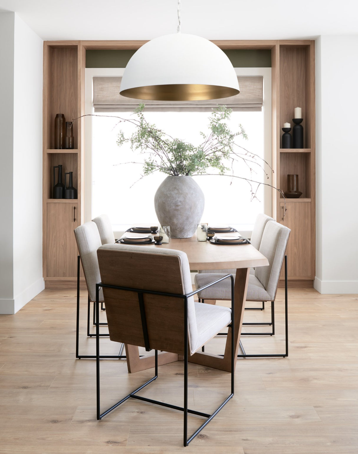 Stamford Beige Upholstered Seat w/ Wood Back, Black Metal Frame Dining Chair w/ Arms