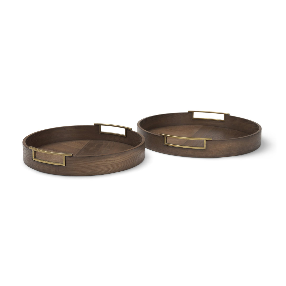 Langford Round Dark Brown Walnut Wood w/ Brass Handles Decorative Tray Set from Mercana - Luna Furniture