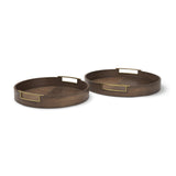 Langford Round Dark Brown Walnut Wood w/ Brass Handles Decorative Tray Set from Mercana - Luna Furniture