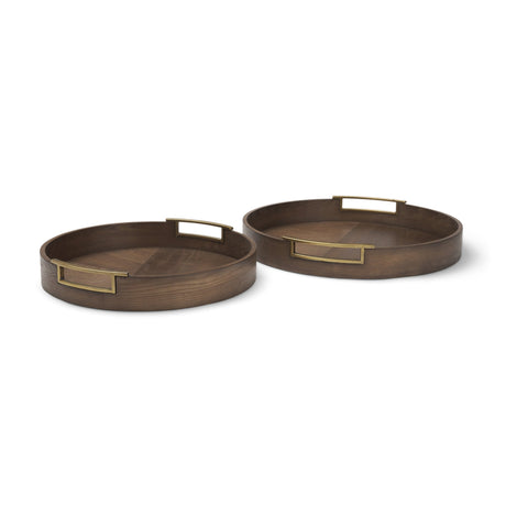 Langford Round Dark Brown Walnut Wood w/ Brass Handles Decorative Tray Set from Mercana - Luna Furniture