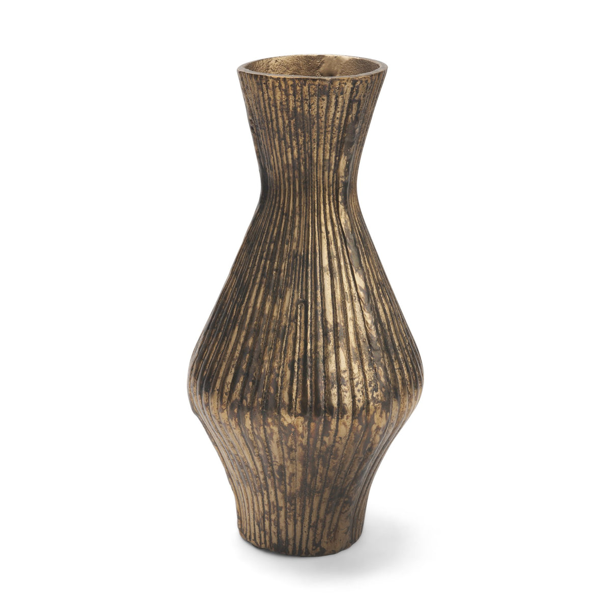 Patine Antiqued Brass Metal Fluted Hourglass Decorative Vase
