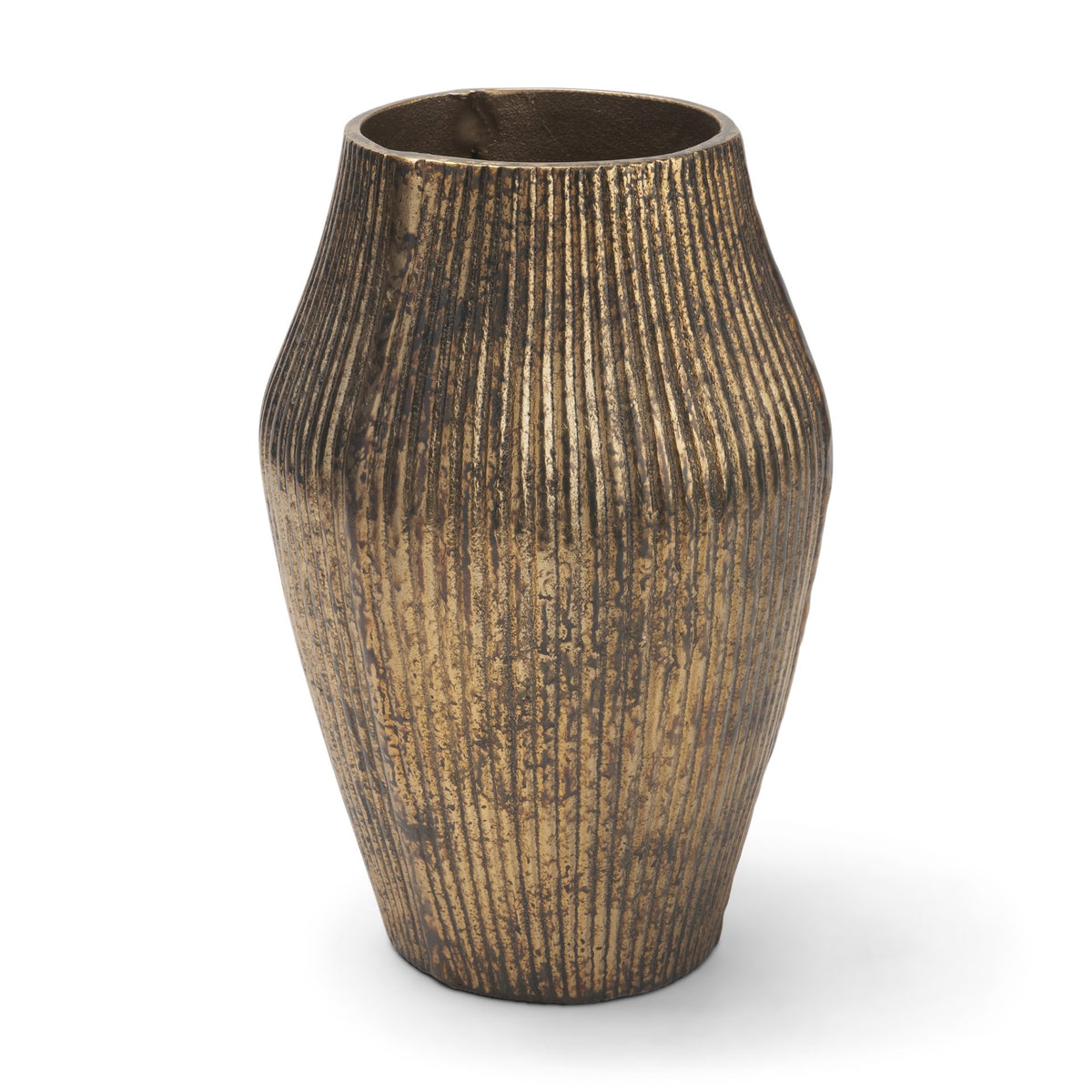 Patine Wide Antiqued Brass Metal Fluted Decorative Vase