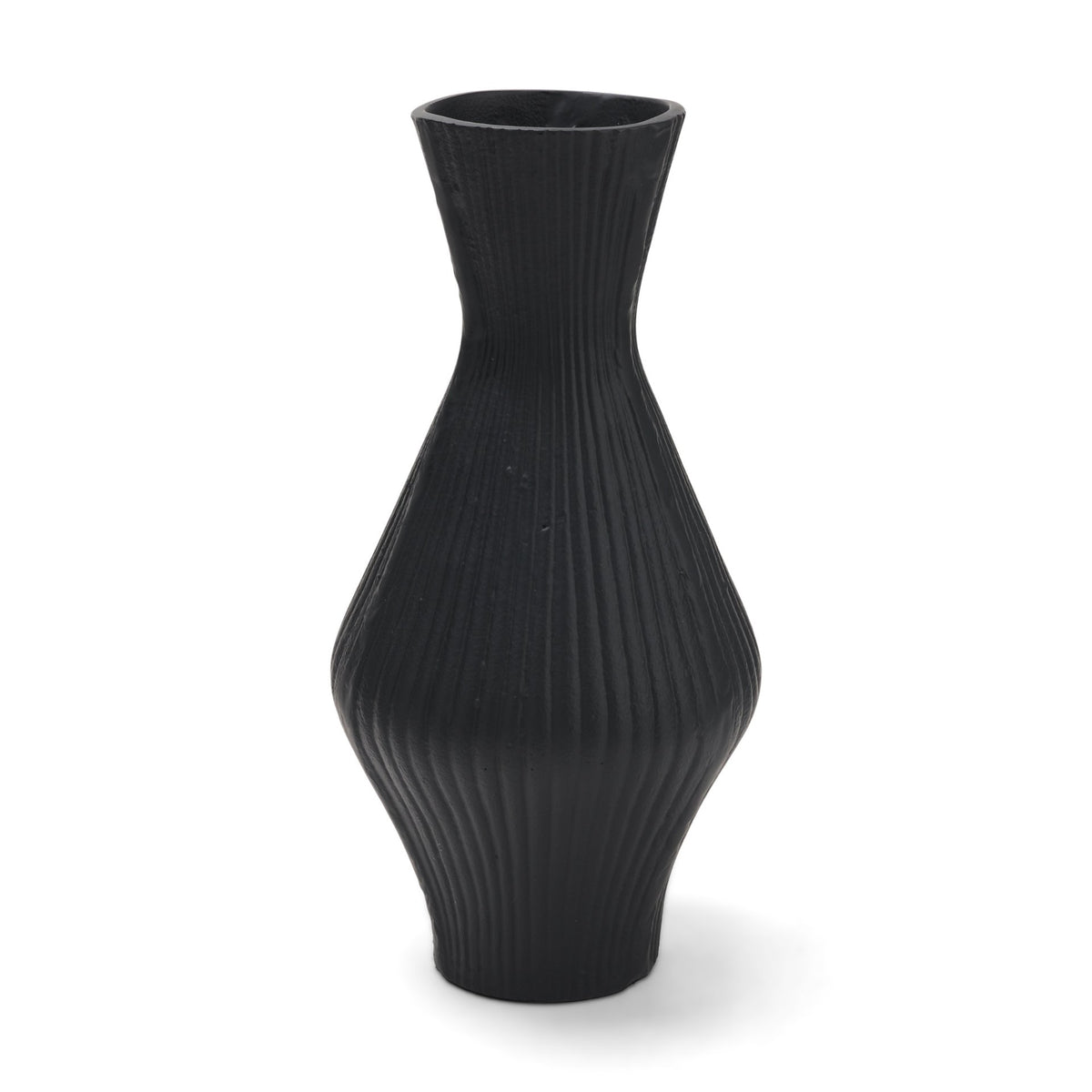 Patine Matte Black Metal Fluted Hourglass Decorative Vase