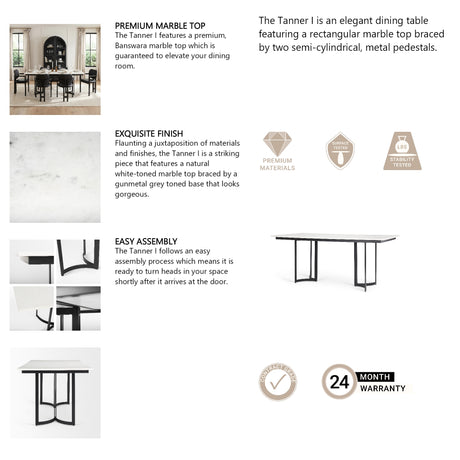 Tanner I 71L x 35W Rectangular White Marble W/ Metal Base Dining Table from Mercana - Luna Furniture
