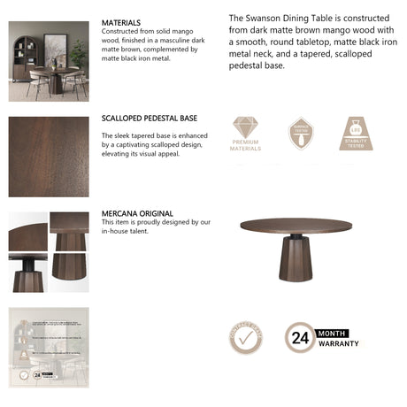 Swanson 60" Dark Brown Wood Round Pedestal Dining Table from Mercana - Luna Furniture