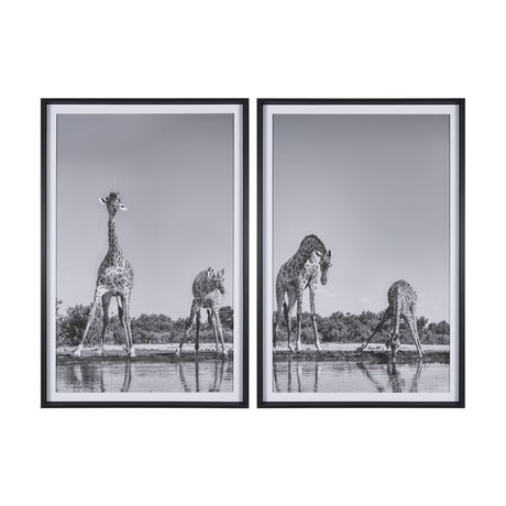Thirsty Savanna Giraffes(Set of 2) by Jun Zuo Hand-Embellished Framed Photo Print Matted under Glass from Mercana - Luna Furniture