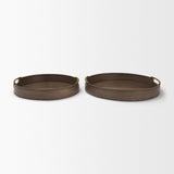 Langford Round Dark Brown Walnut Wood w/ Brass Handles Decorative Tray Set from Mercana - Luna Furniture