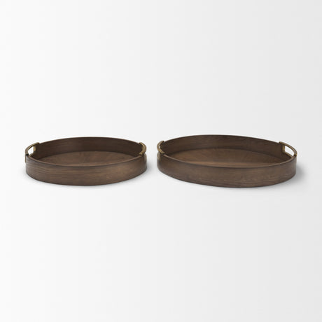 Langford Round Dark Brown Walnut Wood w/ Brass Handles Decorative Tray Set from Mercana - Luna Furniture