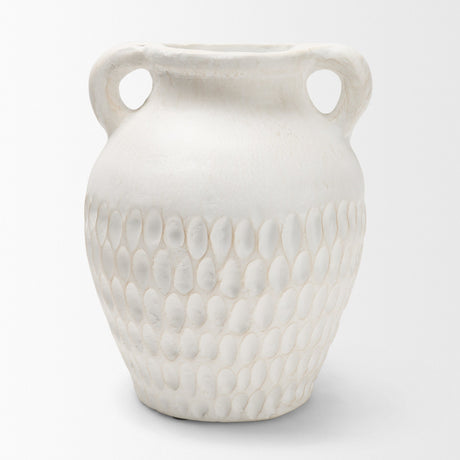 Basma White Scale Textured Ceramic Vase w/ Handles from Mercana - Luna Furniture