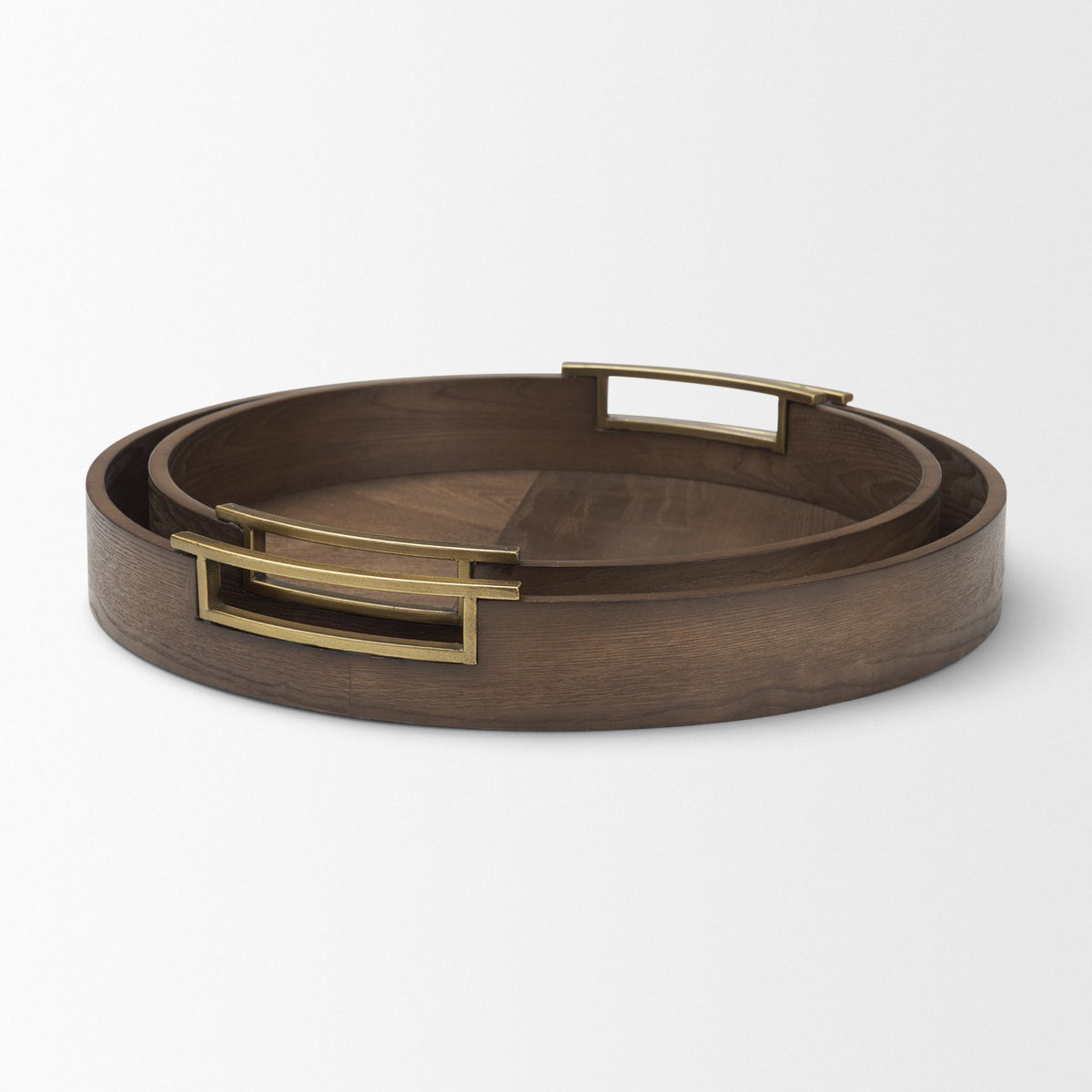 Langford Round Dark Brown Walnut Wood w/ Brass Handles Decorative Tray Set from Mercana - Luna Furniture