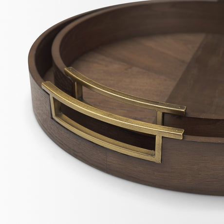 Langford Round Dark Brown Walnut Wood w/ Brass Handles Decorative Tray Set from Mercana - Luna Furniture