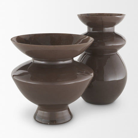 Bruna Wide Mouth Geometric Brown Glass Vase from Mercana - Luna Furniture