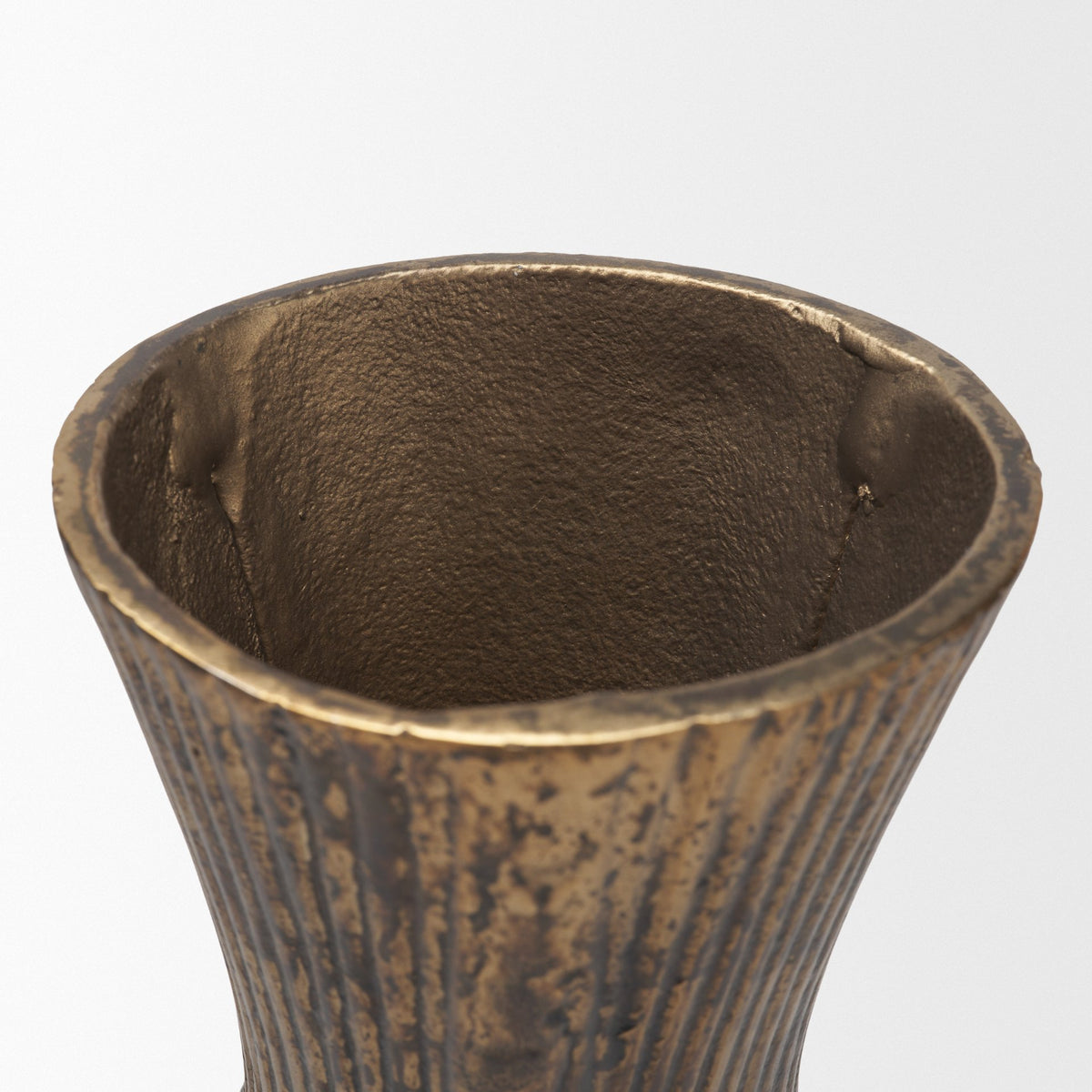 Patine Antiqued Brass Metal Fluted Hourglass Decorative Vase