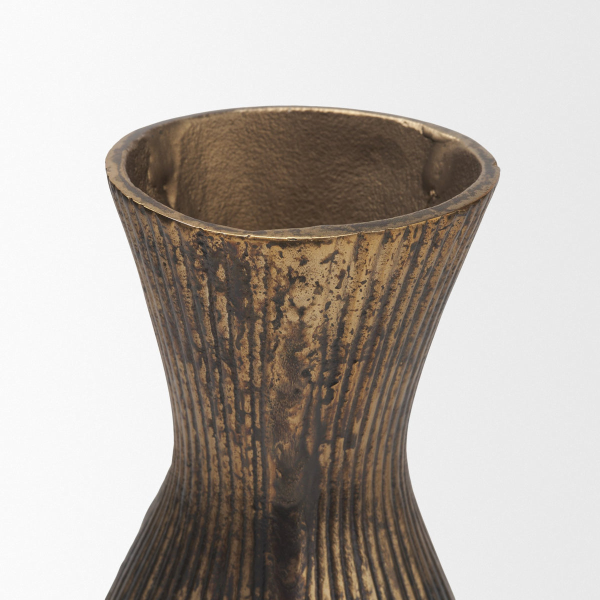 Patine Antiqued Brass Metal Fluted Hourglass Decorative Vase